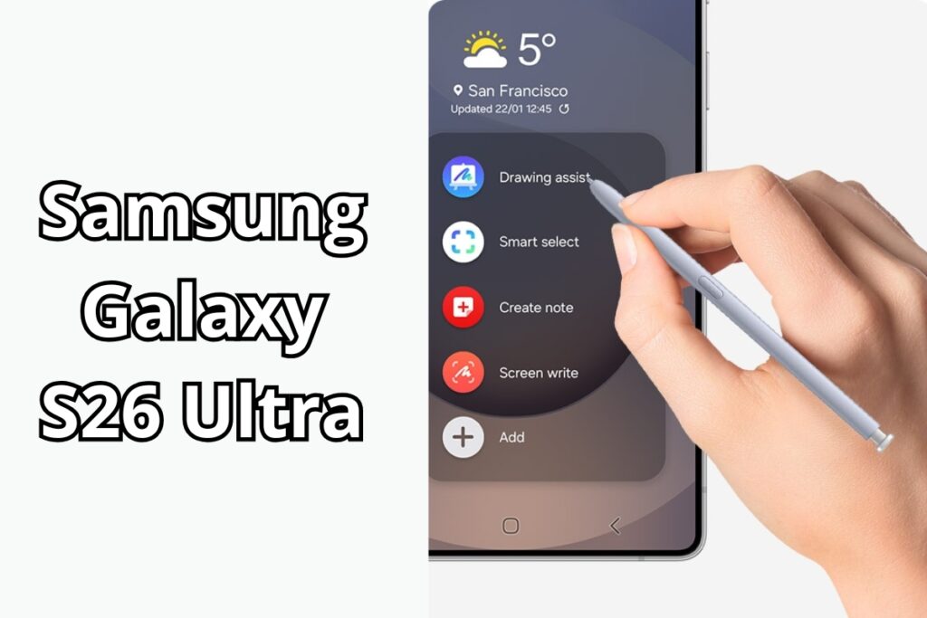 rysik na ekranie telefonu samsung i rysująca coś ręka. Obok napis "Samsung Galaxy s26 ultra"