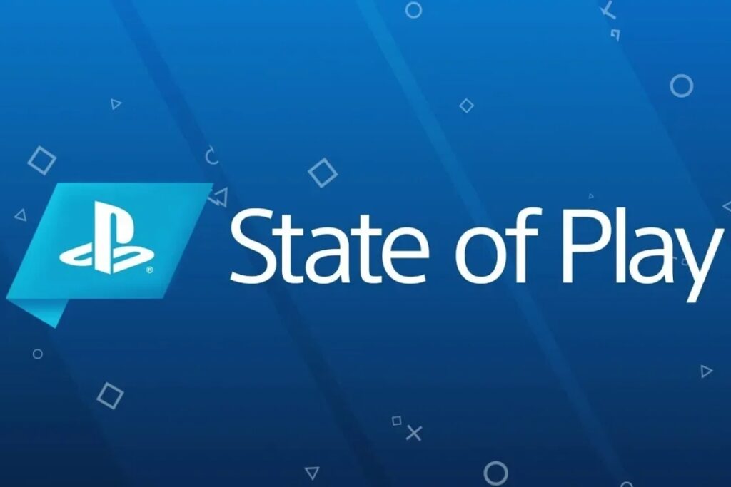 Logo state of play na niebieskim tle